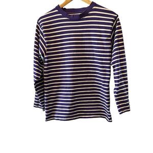 Purple & Cream Striped Crew Neck Crew Neck Long Sleeve Casual Top L